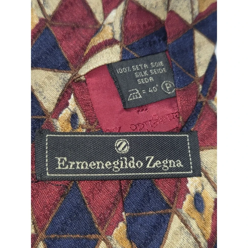 Ermenegildo Zegna Men's Blue Tan & Maroon Geometric 100% Silk‎ Neck Tie Italy
